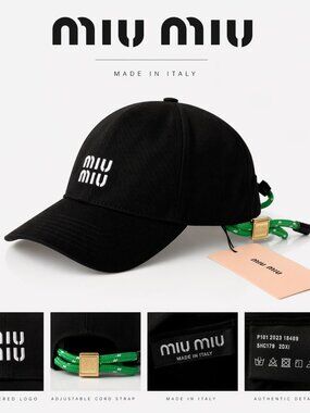 Miu Miu Black Logo Baseball Cap Adjustable Strap Italy Designer Hat Unisex